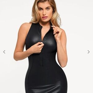 Shapewear sculpting Faux Leather zip front mid dress
